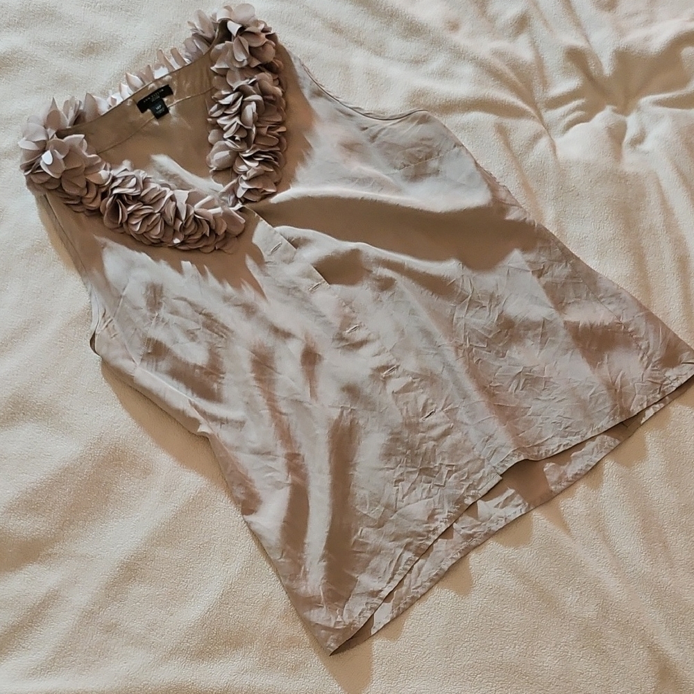 Ann Taylor Taupe Sleeveless Blouse with Ruffle Collar